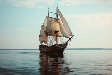 Historic tall ship sailing in tranquil waters coastal location nautical scene serene environment wide-angle view embracing the beauty of ships