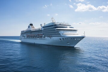 Majestic cruise ship sailing under bright blue sky open ocean marine photography tranquil environment aerial view sea adventure with ships