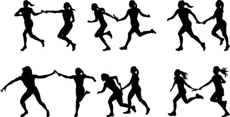 Women relay run sport silhouettes vector illustration set