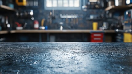 Dark textured surface; blurred workshop background. Ideal for product displays, showcasing tools, or industrial themes.