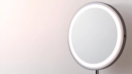 Round illuminated mirror on stand against white background.