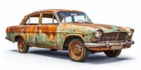 Abandoned Rusted Car Isolated on White, Clipping Path, Documentary Style Stock Photo