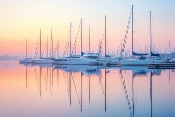 Dawn serenity at a marina with yachts and sailboats reflective waters tranquil environment scenic viewpoint ships awaiting adventure