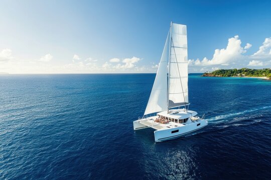 Sleek modern catamaran sailing over calm blue waters caribbean sea aerial view travel adventure marine experience ships in tranquil environment
