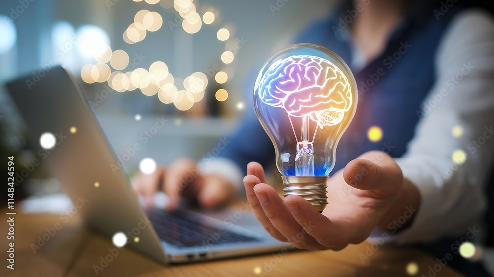 Poster Hand Holding Virtual Lightbulb with Brain Bokeh Background Creative Smart Idea Concept
