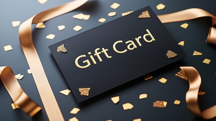 Gift card on a dark surface surrounded by golden confetti and ribbon, ideal for celebrations and gifting.