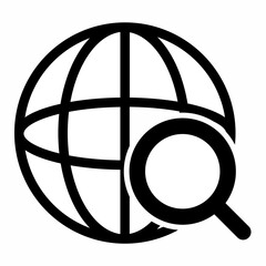  Globe hyperlink icon and magnifying glass. Search WWW sign. Web hosting technology. Browser search website page. Trendy and modern vector in 3d style.