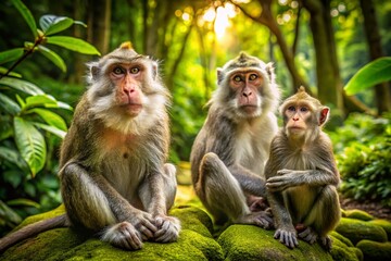 Fototapeta premium Ubud Monkey Forest Bali: Adorable Monkeys Posing, Rule of Thirds Photography