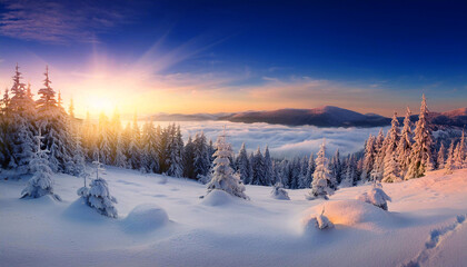 Zimowy wschód słońca w górach, zimowa mgła, mroźny, słoneczny poranek, tło zimowe lub tapeta do projektu, pejzaż