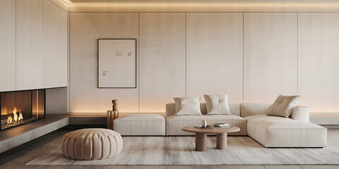 A minimalist modern living room with a white sofa, a pouf, and a side table near a fireplace