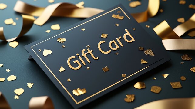 Gift card surrounded by golden confetti and ribbons on a dark background.