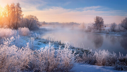 Zimowy wschód słońca nad rzeką, zimowa mgła nad wodą, mroźny, słoneczny poranek, tło zimowe lub tapeta do projektu, pejzaż 