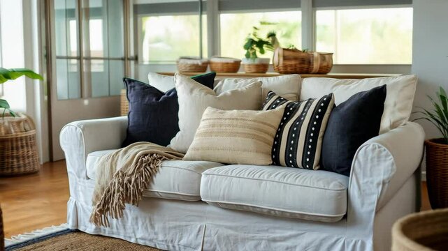 Cozy living room setup with a white sofa adorned with decorative pillows and natural elements