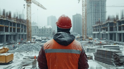 Fototapeta premium Construction worker in snowy weather, wearing orange safety vest and helmet. Image depicts challenges of winter construction; ideal for articles about construction in harsh climates.