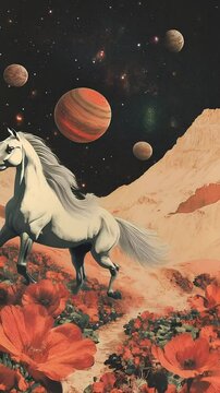 A horse zodiak, galloping through a surreal landscape, a blend of reality and imagination, with a space background