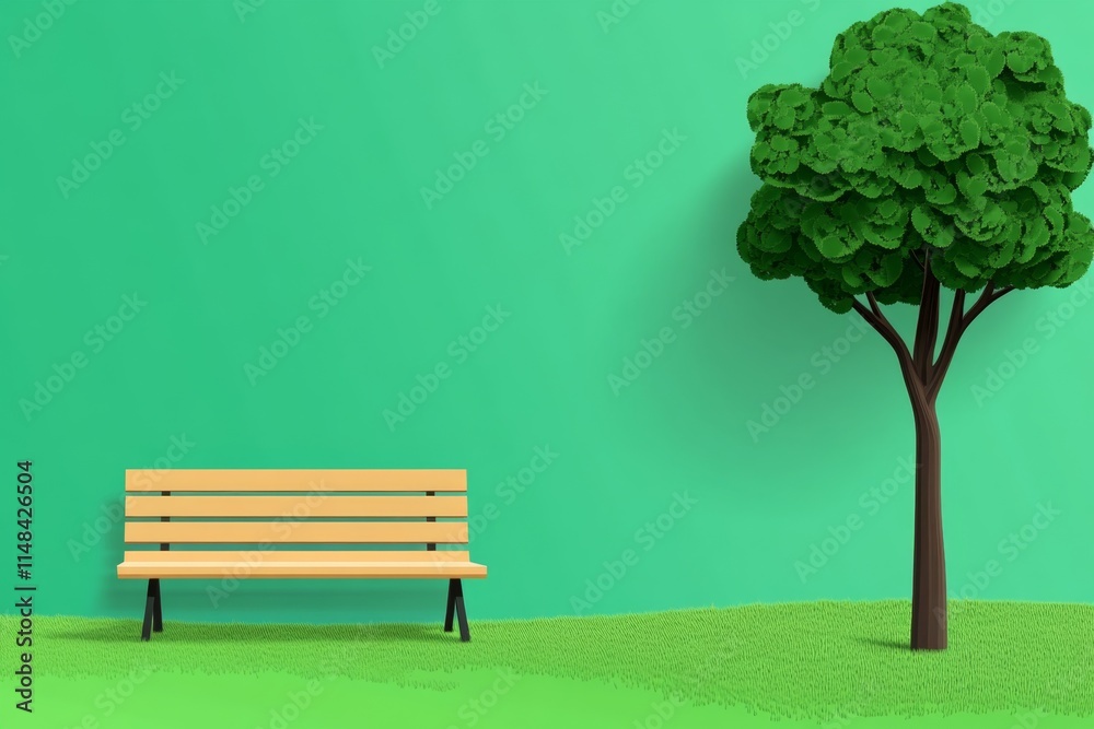 Poster a flat design of a garden bench under a single tree, with clean and modern landscaping elements
