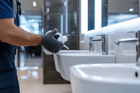 A dedicated professional cleaner is carefully organizing and sanitizing bathroom sinks to ensure a clean and hygienic environment for users in a commercial setting.