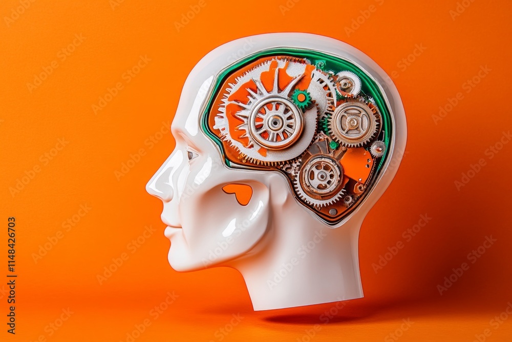 Poster a flat design of a human head profile with gears seamlessly integrated into the skull area, using bo