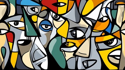 Abstract faces in colorful design.