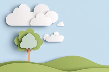 Fototapeta premium A flat design of a lone tree on a hill under a vast open sky, drawn with soft colors and simple lines