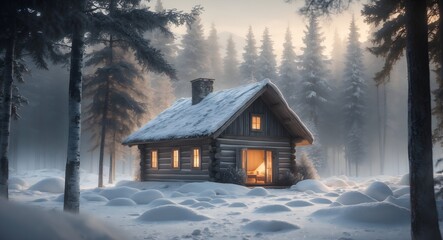 Solitude winter cabin wallpaper with snowy forest and warm light background