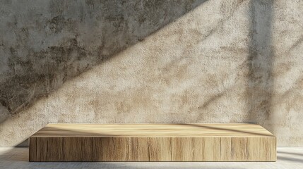 A minimalist wooden table against a textured wall casting shadows, creating a serene and modern atmosphere.