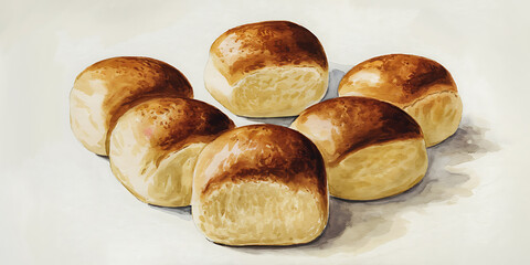 A watercolor-style image of dinner rolls on a white background