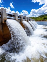 Waterflow at Hydroelectric Dam Under Bright Blue Sky