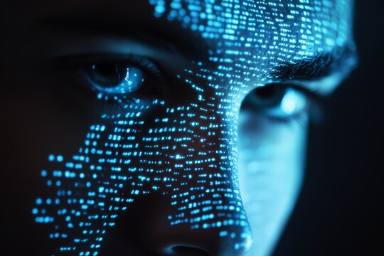 The concept of cybersecurity—a person's face illuminated by blue code symbols, reflecting the integration of technology and data protection