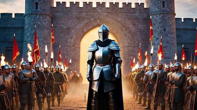 Armored Knight Leading a Medieval Army in Front of a Castle Gate with Soldiers and Flags at Dawn

