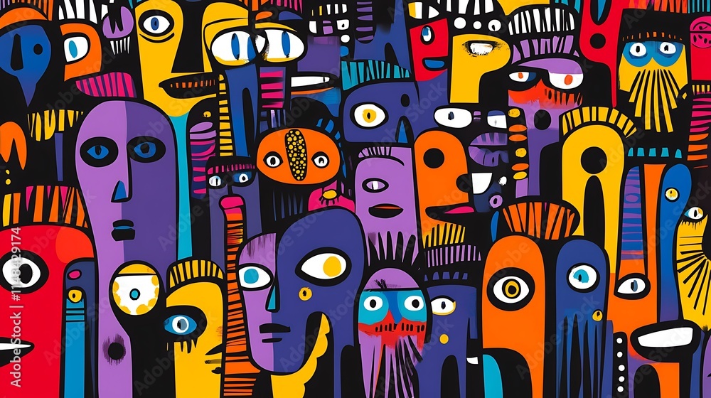 Poster abstract faces in colorful crowd.