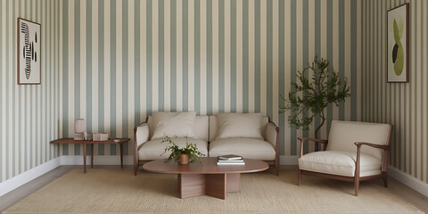 Obraz premium A subtle minimalist living room with a giftbox-inspired striped wallpaper in muted greens and creams