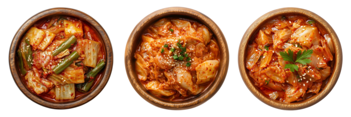 set of Traditional kimchi dishes, fermented Korean vegetables, spicy and tangy flavor in wooden bowl isolated on transparent or white background, top view, PNG