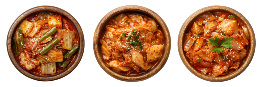 set of Traditional kimchi dishes, fermented Korean vegetables, spicy and tangy flavor in wooden bowl isolated on transparent or white background, top view, PNG