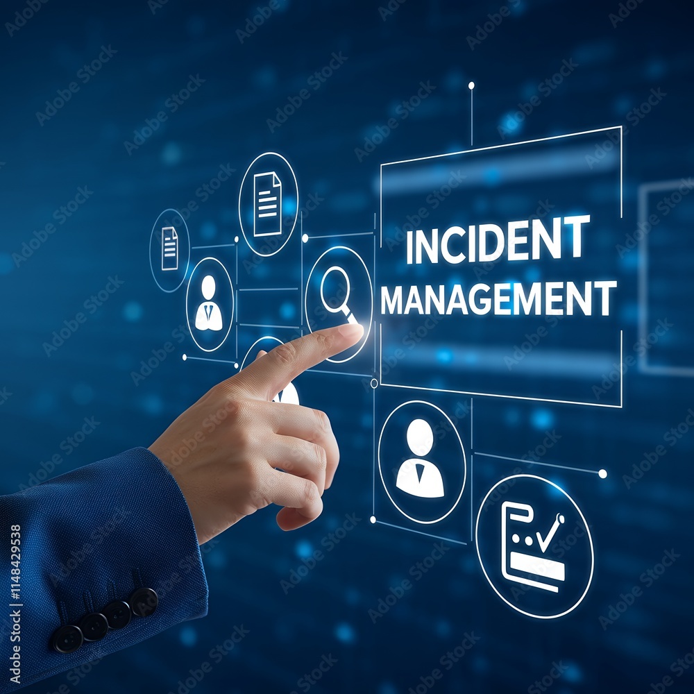 Poster incident management, risk mitigation process concept: icons illustrate workflow stages