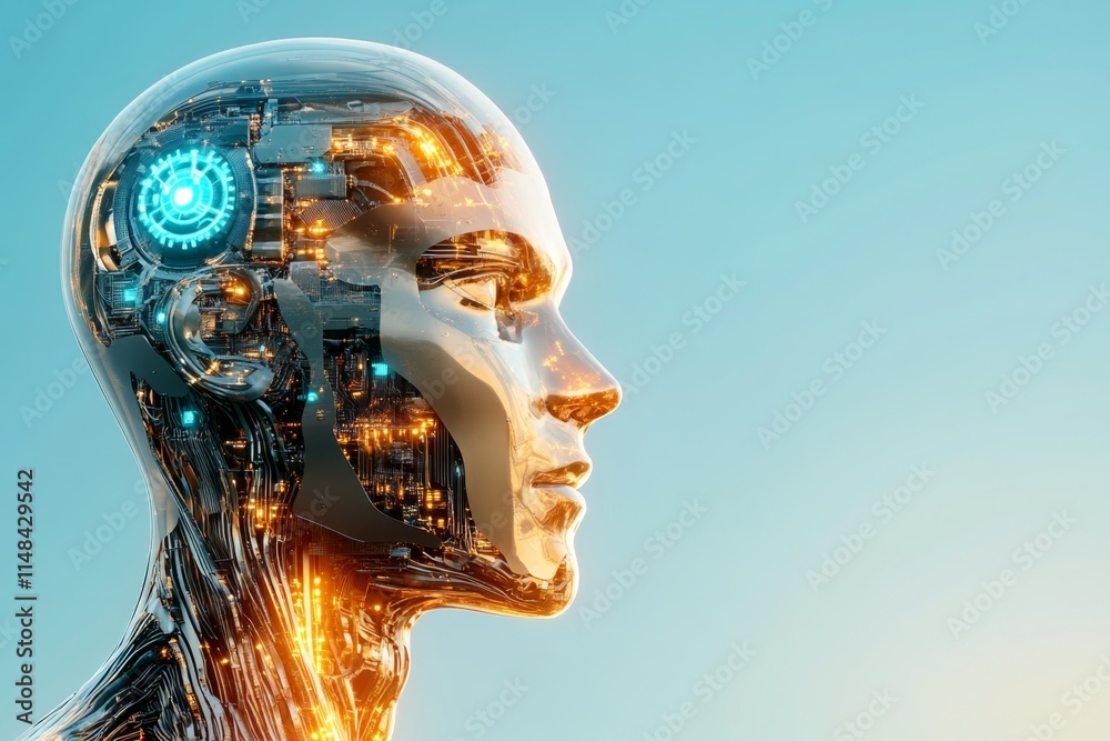 Poster a futuristic cybernetic head with glowing blue gears visible through transparent sections, represent