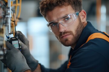 An electrician, dressed in work attire, meticulously adjusts components within a control panel, emphasizing careful attention and technical expertise in electrical engineering.