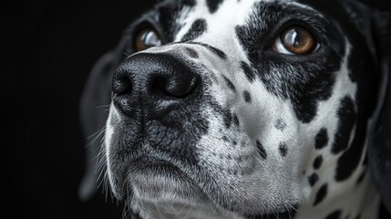 A close-up portrait of a Dalmatian dog with distinctive black spots against a dark background, capturing the unique features and gentle expression.