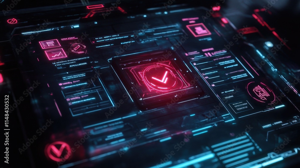 Poster futuristic digital interface with neon elements and data visualization