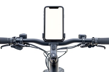 Naklejka premium Smartphone screen mount on handlebar of mountain bike, isolated on white background.
