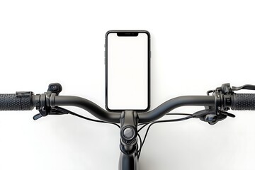 Naklejka premium Smartphone screen mount on handlebar of mountain bike, isolated on white background.