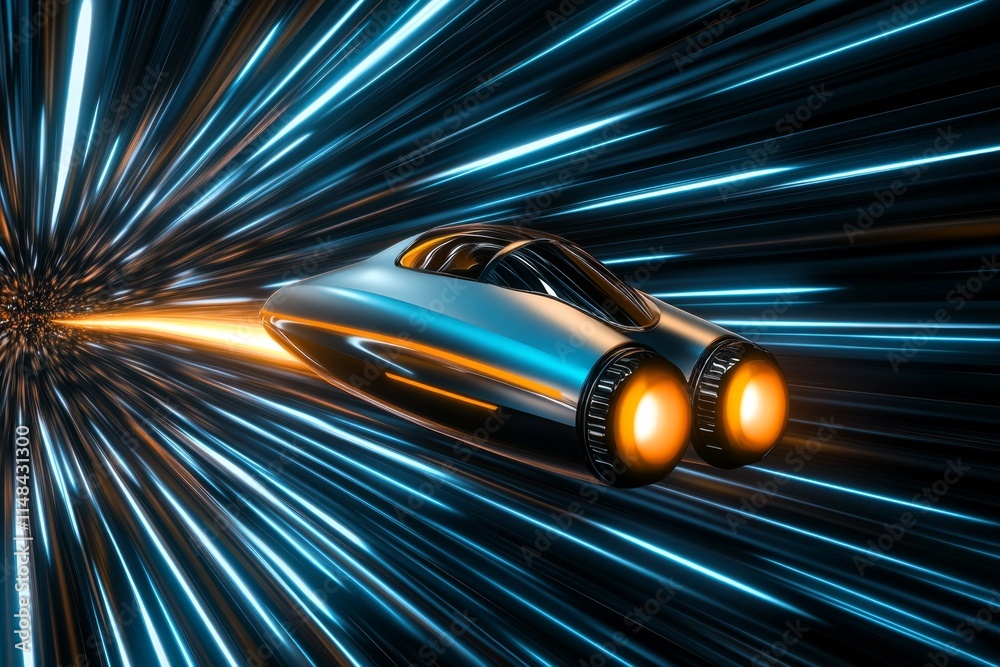 Poster a futuristic spaceship flying through the center of a glowing galaxy, its engines leaving a trail of