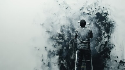 Man paints a large abstract wall mural using a roller. Perfect for articles on art, creativity, or home renovation projects.