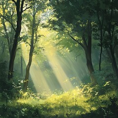 Obraz premium Sunbeams illuminate a lush green forest floor.