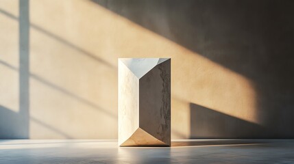 A geometric sculpture casts captivating shadows in a minimalist setting, portraying modern art and architectural beauty.