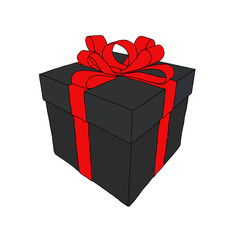 Black gift box with red ribbon.