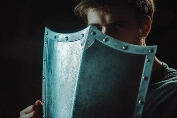 Man holds a protective shield symbolizing digital privacy and encryption to deter online attacks and ensure cyber security.