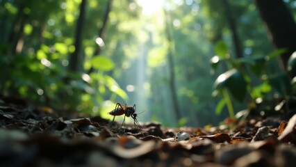 Fototapeta premium Tropical rainforest scene featuring a mosquito in the foreground, showcasing the intricate balance and biodiversity of life in a lush, vibrant ecosystem.