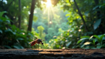 Obraz premium Tropical rainforest scene featuring a mosquito in the foreground, showcasing the intricate balance and biodiversity of life in a lush, vibrant ecosystem.