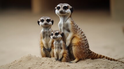 Fototapeta premium Meerkat family on sand mound.